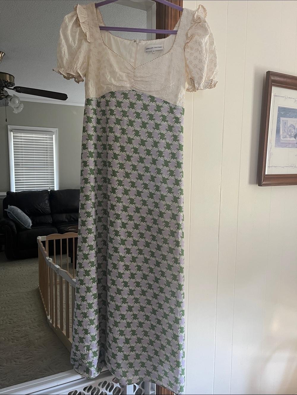 English Factory Cream Lace Yoke Green Floral Maxi Skirt